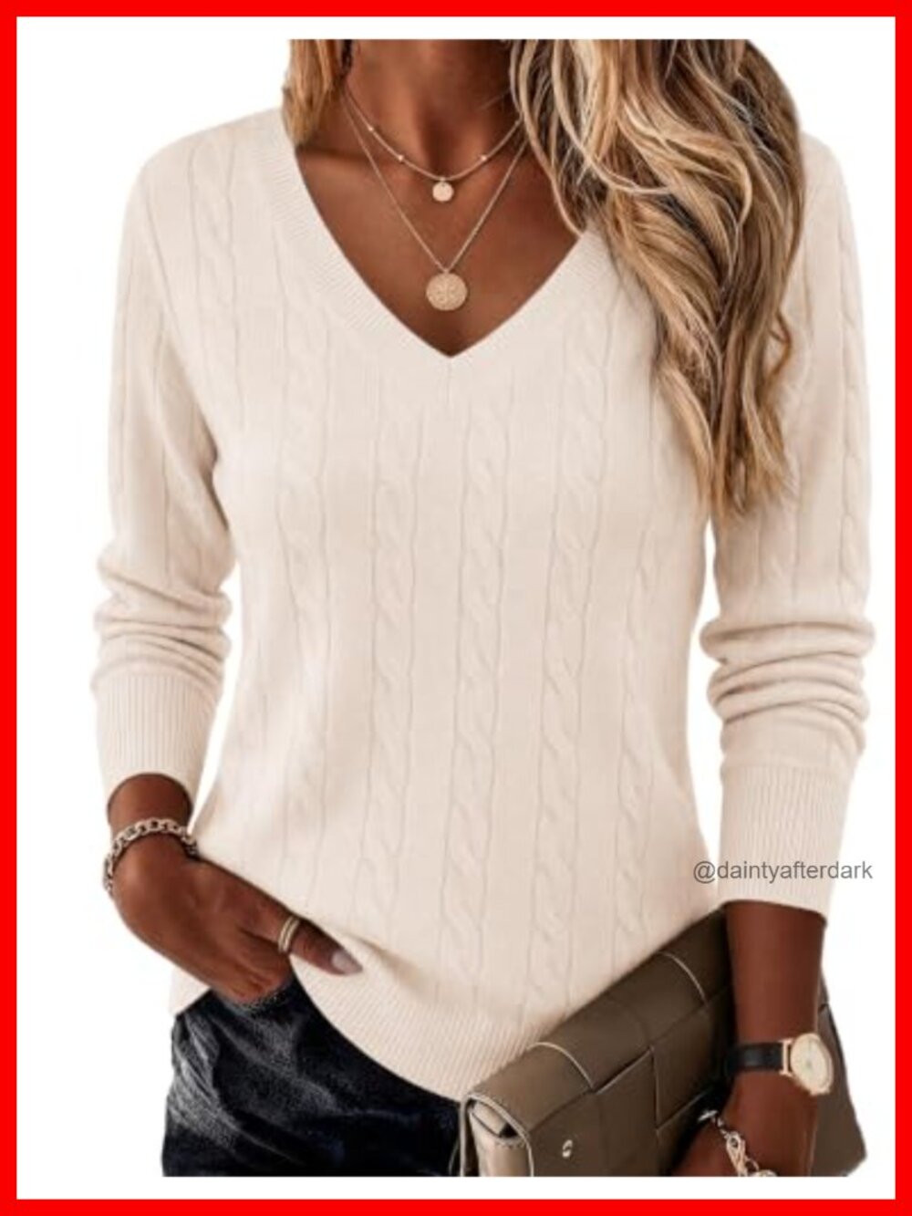 Cable Knit V-Neck Long Sleeve Pullover Sweater - Viscose Nylon Blend